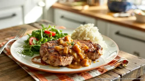 Bisteca suína assada com molho de abacaxi caramelizado