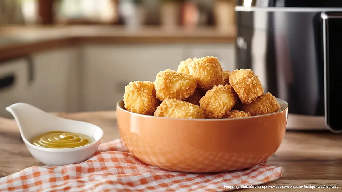 Cubos de frango empanado na airfryer com molho de mostarda e mel