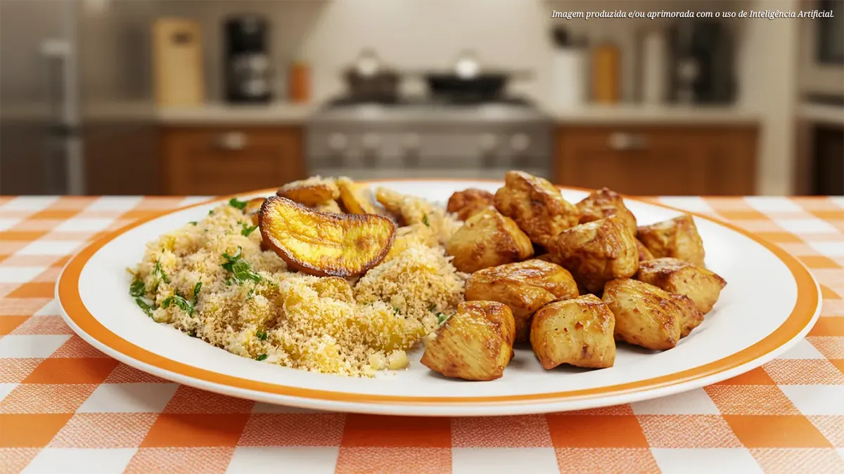 Frango em cubos com farofa de banana