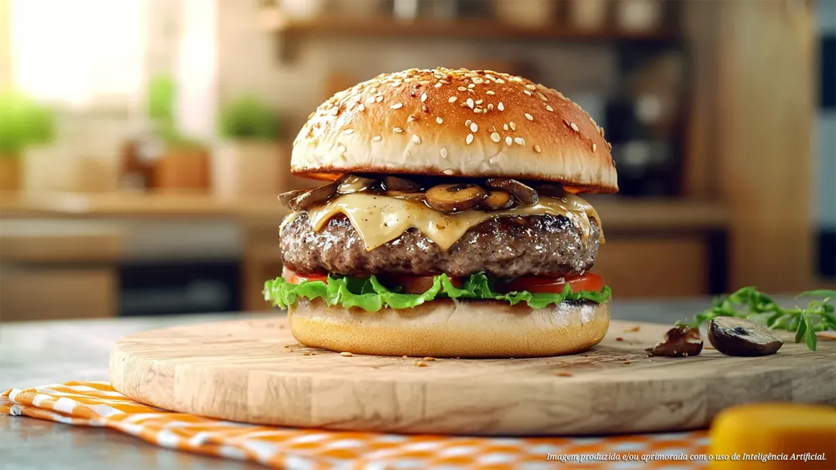 Hambúrguer bovino na airfryer com queijo provolone e cogumelos