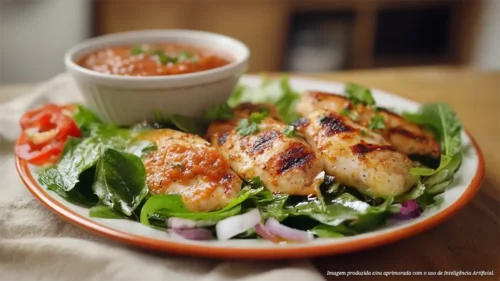 Meio da asa grelhada com salada de jambu