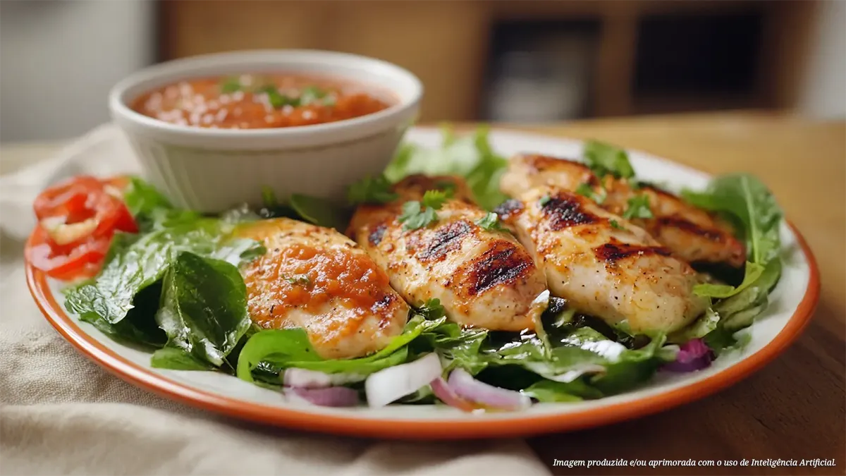 Meio da asa grelhada com salada de jambu