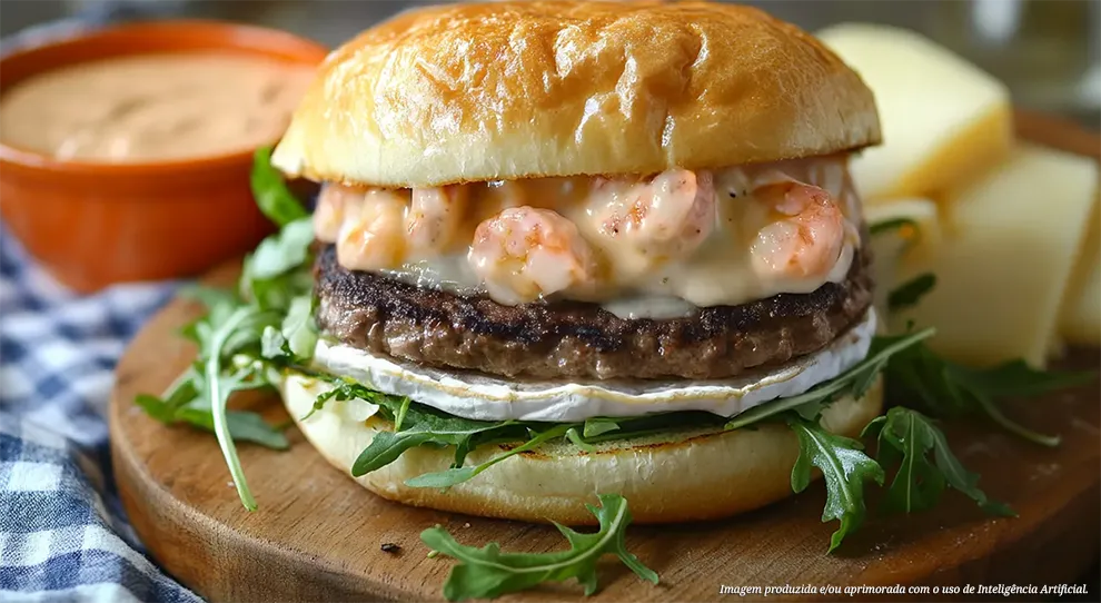 Um apetitoso hambúrguer grelhado, montado com rúcula, queijo brie derretido e um molho especial de camarão, servido em um pão dourado sobre uma tábua de madeira, com uma tigela de molho e pedaços de queijo como acompanhamento.