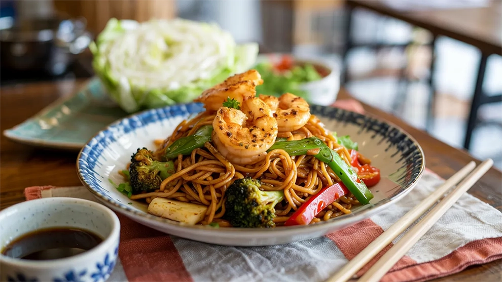 Um prato de yakisoba de camarão com macarrão refogado, camarões grelhados, brócolis, pimentão vermelho e vagem, decorado com coentro, servido em uma tigela com padrão azul e branco sobre um guardanapo quadriculado laranja e branco, acompanhado de um recipiente com molho escuro e um par de hashis.