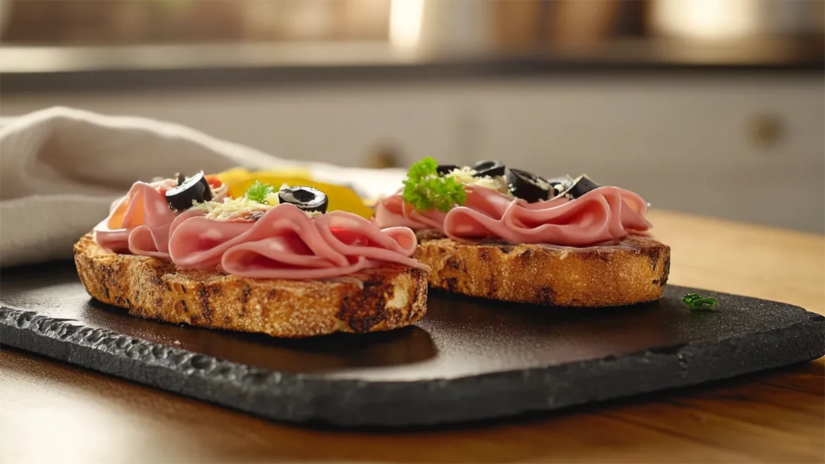 Bruschetta com mortadela italiana e azeitonas pretas