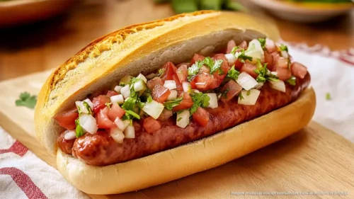 Cachorro-quente com linguiça fininha e vinagrete