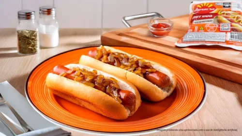 Sanduíche de salsicha com cebola caramelizada