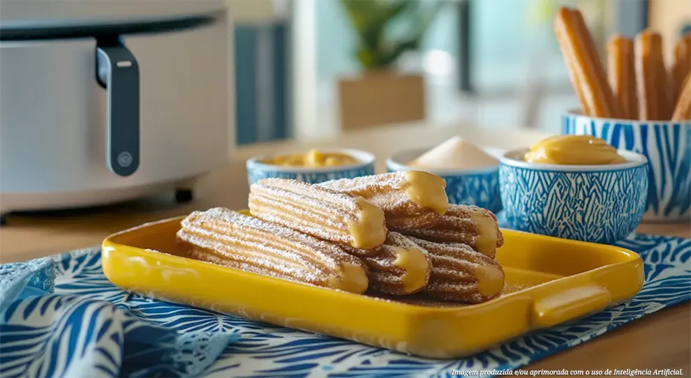 Churros recheado com doce de leite na airfryer, com superfície dourada e açúcar, dispostos em um prato amarelo. O recheio cremoso e claro é visível em alguns. Um recipiente azul com mais churros e duas tigelas com doce de leite e açúcar estão ao fundo.