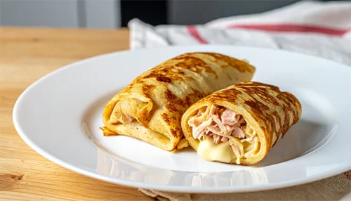 Crepe de peito de peru defumado com molho de queijo