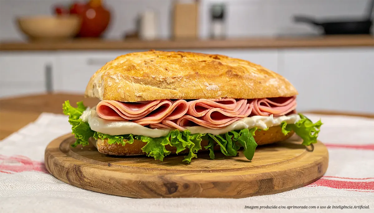 Sanduíche de mortadela com cream cheese e salada de folhas verdes