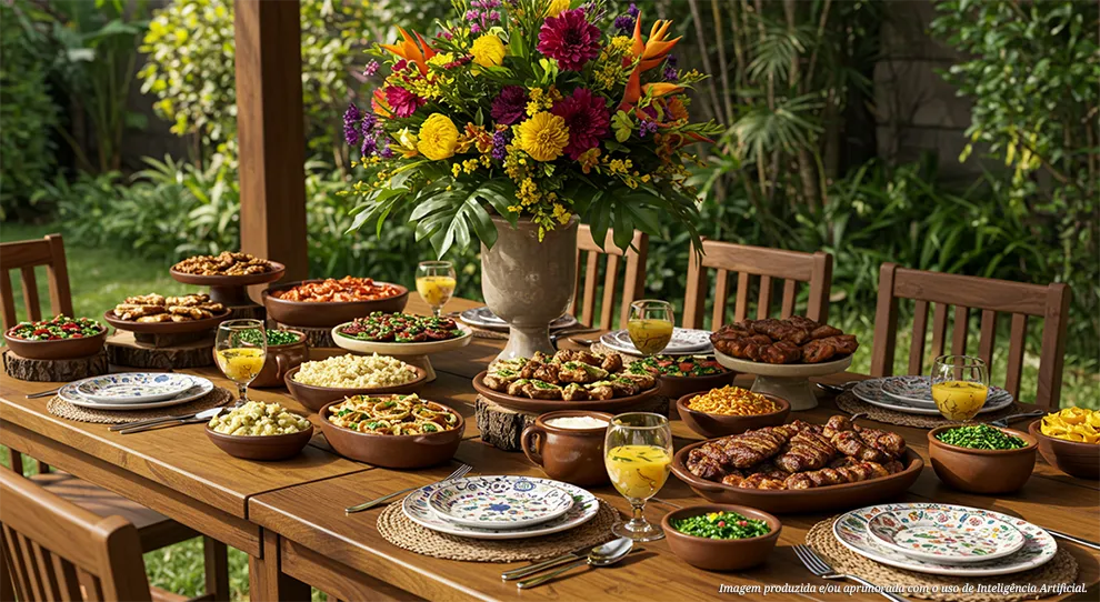 Com um arranjo floral ao centro, uma mesa farta com variados alimentos para uma refeição festiva se apresenta. "O que não pode faltar no churrasco de Dia das Mães? Confira dicas" para uma celebração completa