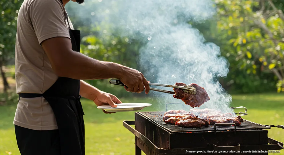 Em um ambiente externo, uma pessoa manuseia carnes em uma churrasqueira acesa, com fumaça subindo. "O que não pode faltar no churrasco de Dia das Mães? Confira dicas" sobre a preparação