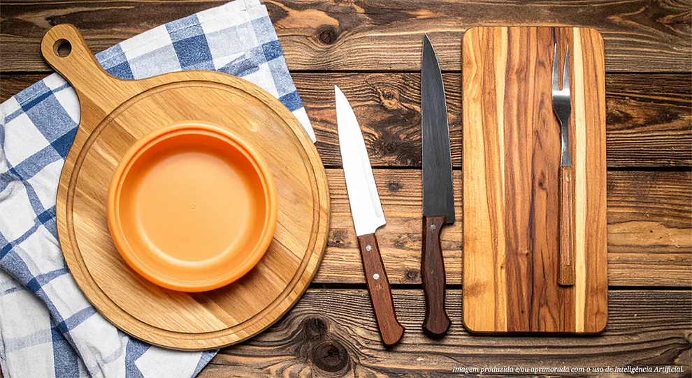 Um conjunto de itens para churrasco é exibido: duas tábuas, duas facas, um garfo grande e uma tigela sobre um tecido. "O que não pode faltar no churrasco de Dia das Mães? Confira dicas"