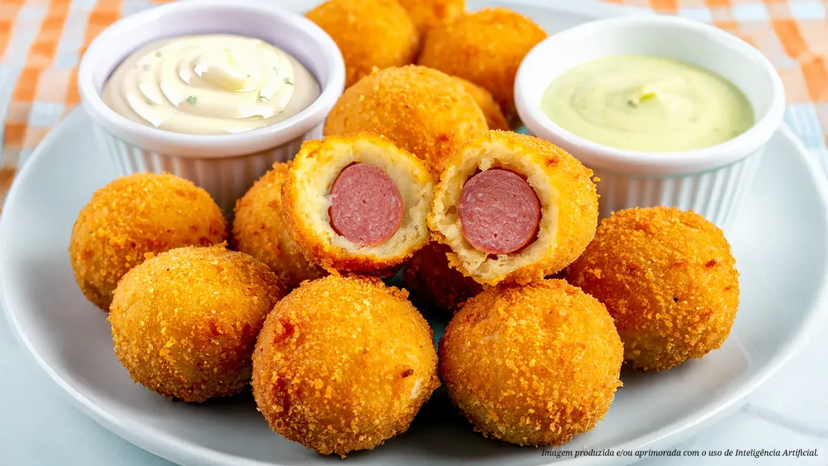 Bolinho de salsicha na airfryer com molho de queijo