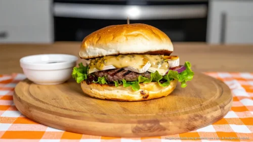 Hambúrguer com molho de trufas negras e queijo brie