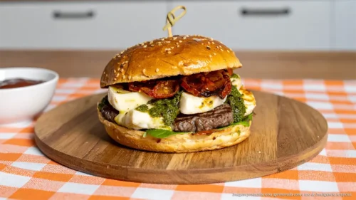 Hambúrguer com muçarela de búfala, tomate seco e pesto