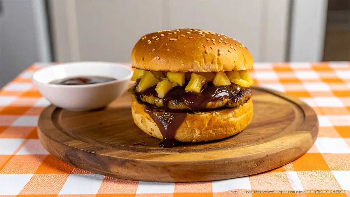 Hambúrguer de frango com molho teriyaki e abacaxi grelhado