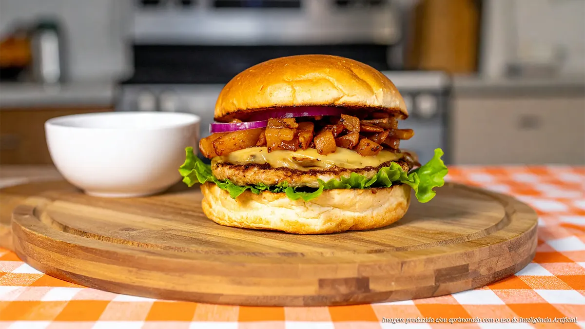 Hambúrguer de frango com queijo gouda defumado e maçã caramelizada