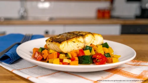 Bacalhau na brasa com legumes grelhados