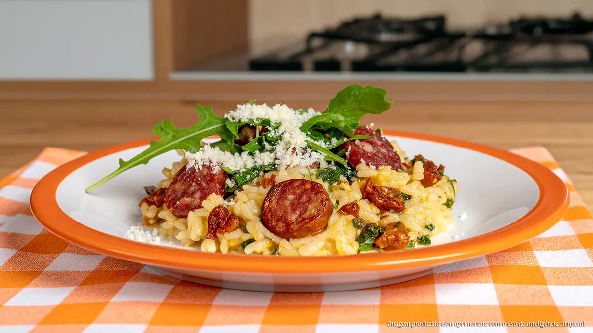 Risoto de Linguiça Calabresa Seara com Tomate Seco, Rúcula e Queijo Grana Padano