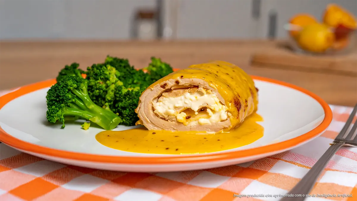 Rolinhos de frango recheados com queijo minas e mostarda com molho de maracujá