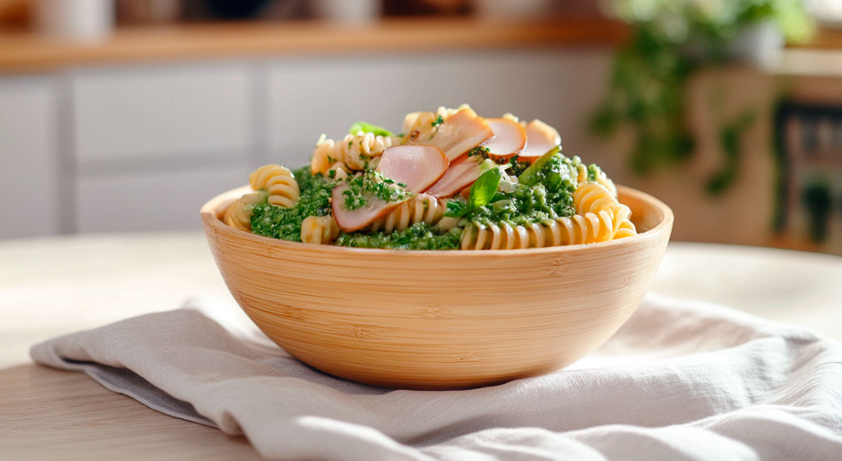 Salada de massa com peito de frango defumado e molho pesto