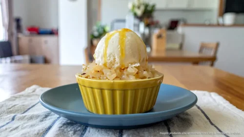 Cocada cremosa com sorvete de tapioca e calda de gengibre