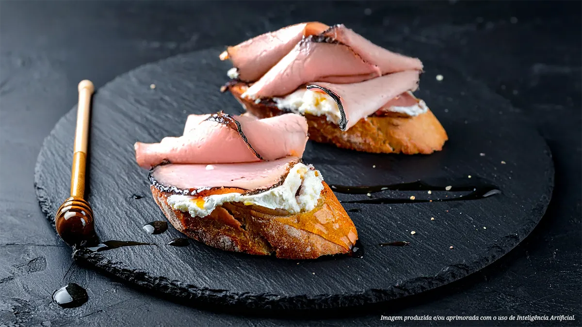 Bruschetta de presunto alemão fatiado, queijo de cabra e mel