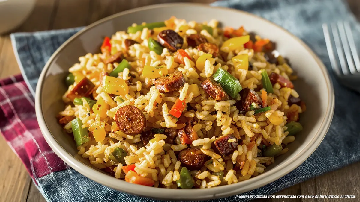 Arroz carreteiro com linguiça fininha e pimentões