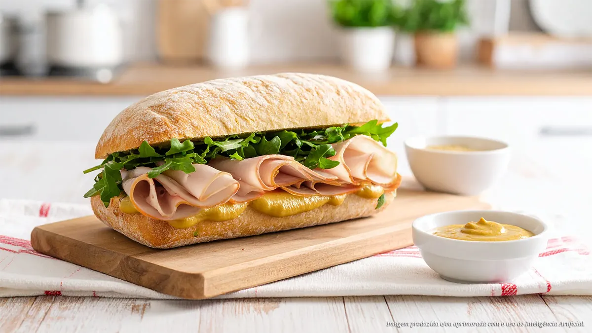 Sanduíche rústico de peito de frango defumado com mostarda dijon e salada de rúcula