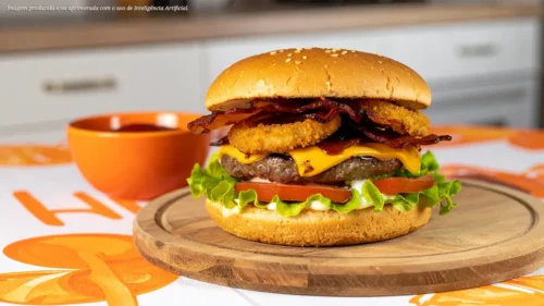 Cheeseburguer com bacon crocante e onion rings