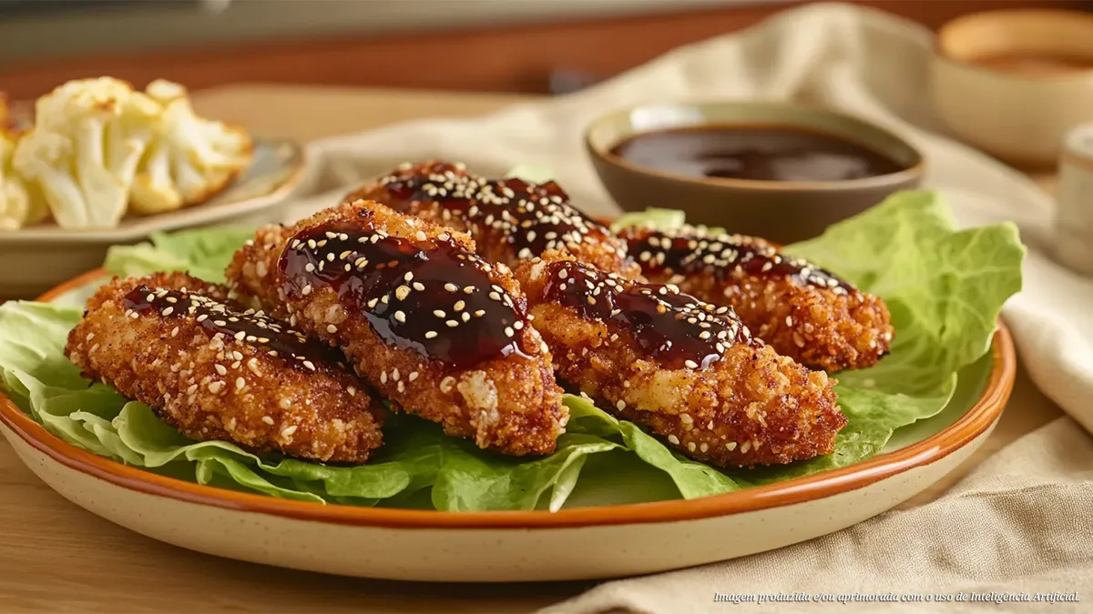 Filezinho oriental crocante na airfryer com molho teriyaki e gergelim
