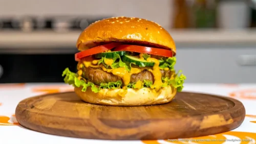 Hambúrguer de bisteca suína com molho de mostarda e mel