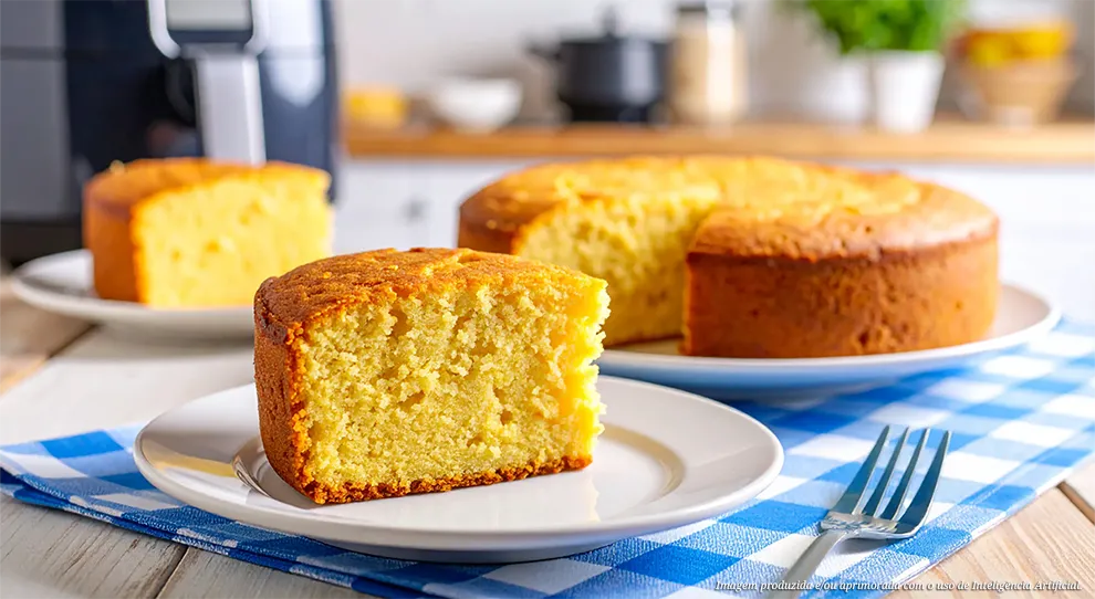 Detalhe de "Bolo de milho na airfryer" em um prato com talheres. A fatia de bolo exibe uma massa amarela clara. Um bolo redondo e uma airfryer, ambos desfocados, complementam o cenário.
