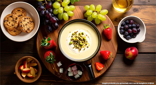 Um conjunto de fondue com uma tigela cheia de fondue de pistache, acompanhado por uma seleção de itens para mergulhar, como morangos, cubos de bolo, marshmallows e fatias de banana.