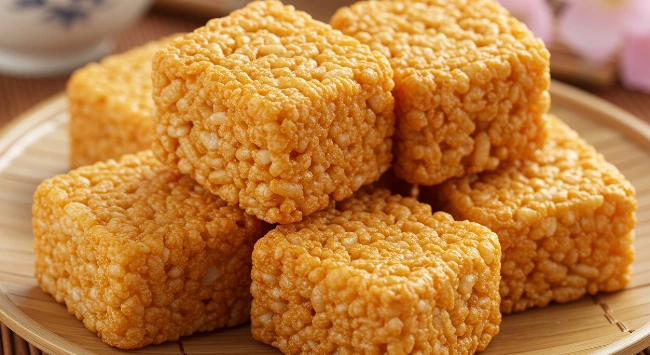 Cubos dourados de arroz crocante, perfeitamente fritos, com textura aerada e crosta sequinha, dispostos em um prato de bambu.