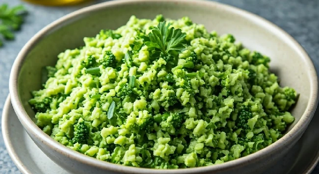 Arroz de brócolis verdinho em uma tigela branca.