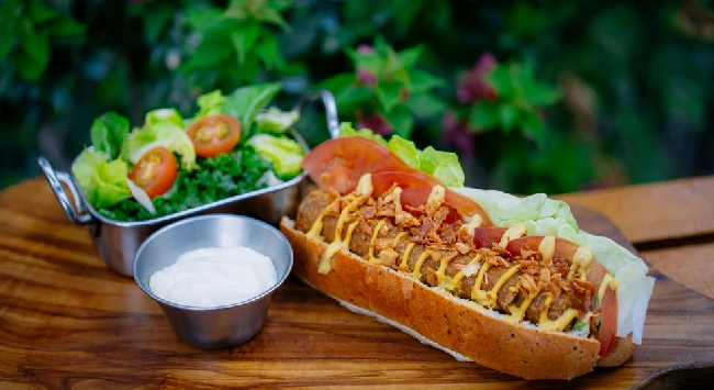 cachorro-quente vegano servido em tábua de madeira com salada e molho