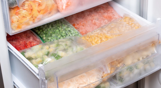 Imagem de gavetas de freezer organizadas com diversos legumes congelados em saquinhos plásticos, como ervilhas, milho e cenoura.