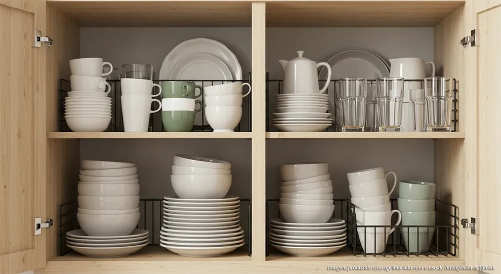 Prateleiras de um armário de cozinha contêm pilhas de pratos, tigelas e xícaras, além de copos, arrumados de forma ordenada, alguns em suportes.