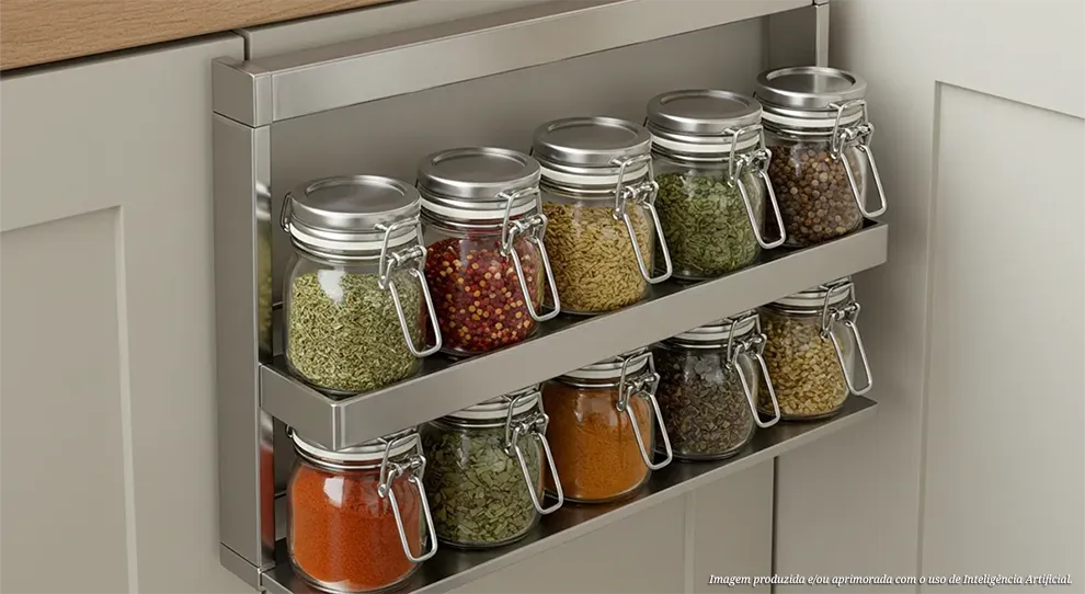 Para organizar um armário de cozinha, um acessório metálico com duas prateleiras é instalado na porta, acomodando diversos frascos de vidro com condimentos coloridos
