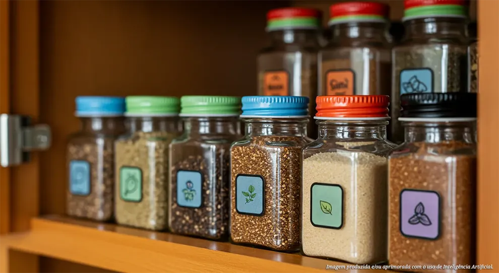 Uma prateleira de madeira contém diversos recipientes de vidro com especiarias, tampas de cores variadas e rótulos, ilustrando como organizar um armário de cozinha