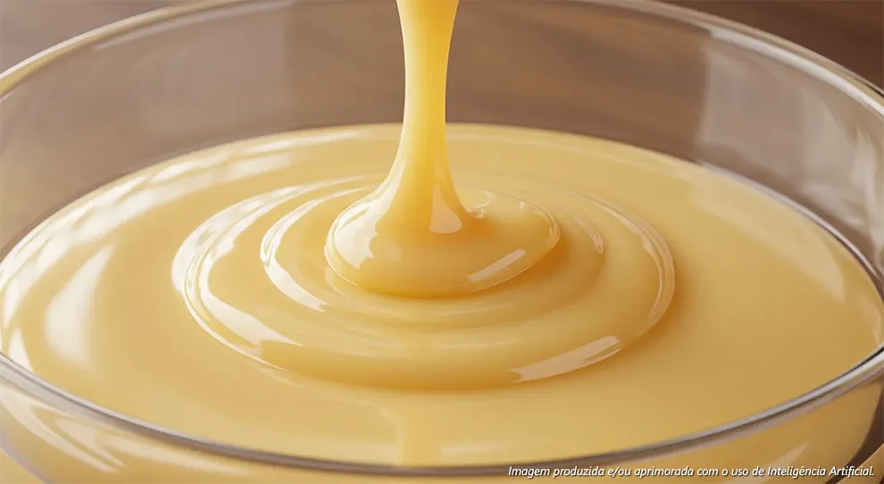 Leite condensado sendo derramado em uma tigela de vidro, exibindo um dos tipos de leite em sua forma densa e brilhante, formando uma camada uniforme.