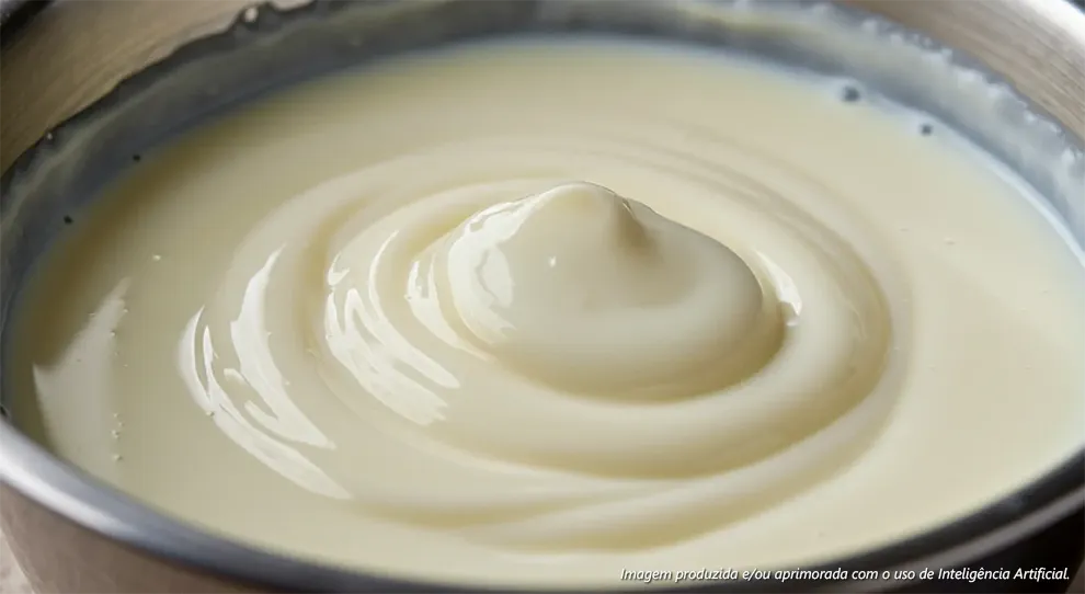 Detalhe de uma tigela com tipos de leite, que mostra a cremosidade do leite evaporado ou de um creme branco. Há um leve pico no centro e ondulações.