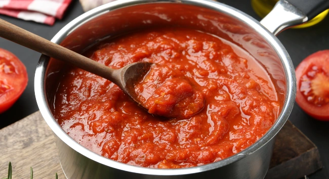 Uma panela de inox com molho de tomate caseiro e com colher de pau apoiada.