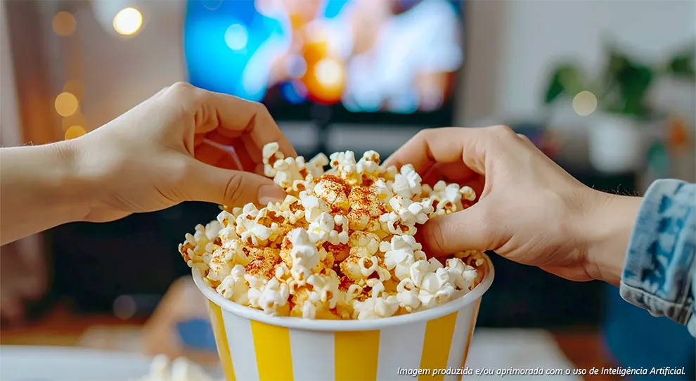 Um close de um balde de pipoca, com mãos alcançando para pegar, simbolizando "Cinema em casa: muito mais que um filme". A imagem captura um momento de lazer.