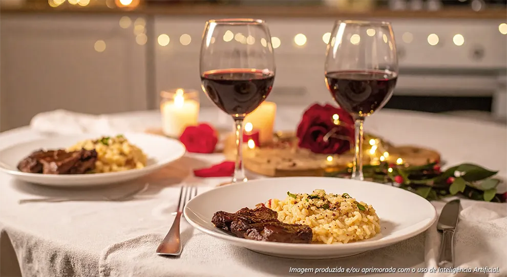 Uma mesa posta para um jantar romântico, com dois pratos de comida e duas taças de vinho tinto, ilustrando "Jantar romântico: união de sabores e sentimentos". Há velas e luzes decorativas.