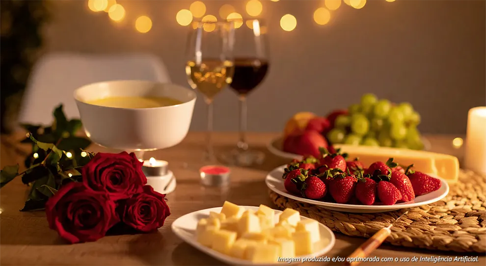 Ambiente com um fondue de pistache e acompanhamentos doces e salgados, ideal para "Massagem relaxante: toque, conexão e fondue de pistach