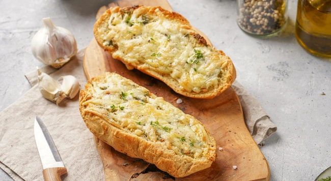 Fatias de pão de alho dispostas em uma tábua de madeira.