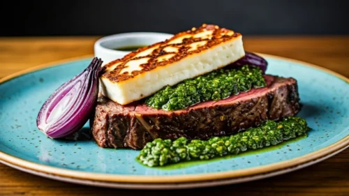 Prime rib com molho chimichurri, cebola roxa e queijo coalho Grelhado